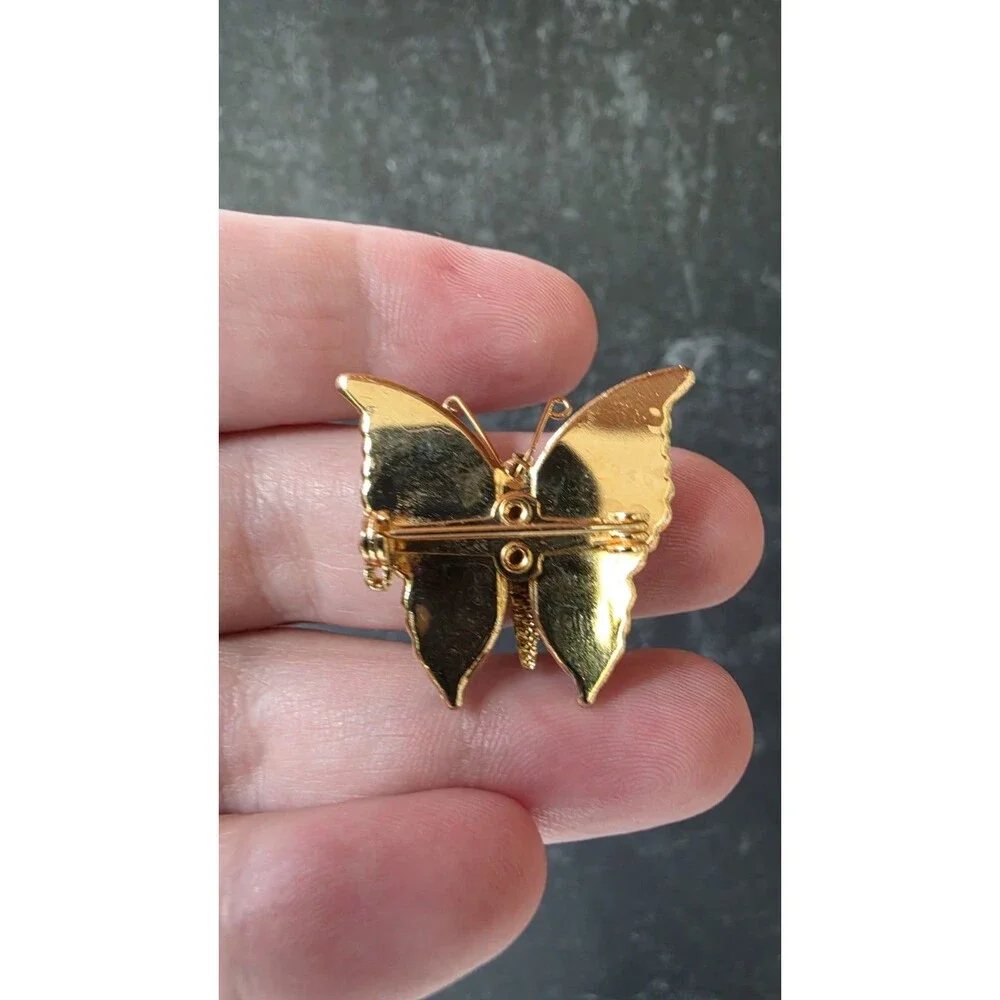 Black And Gold Tone Metal Butterfly Brooch Vintage Costume Jewelry